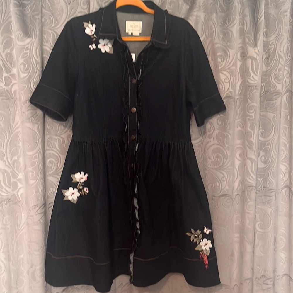 Kate Spade Daisy Embroidered Patio Dress Size 14 NWT Denim Dress Pockets!